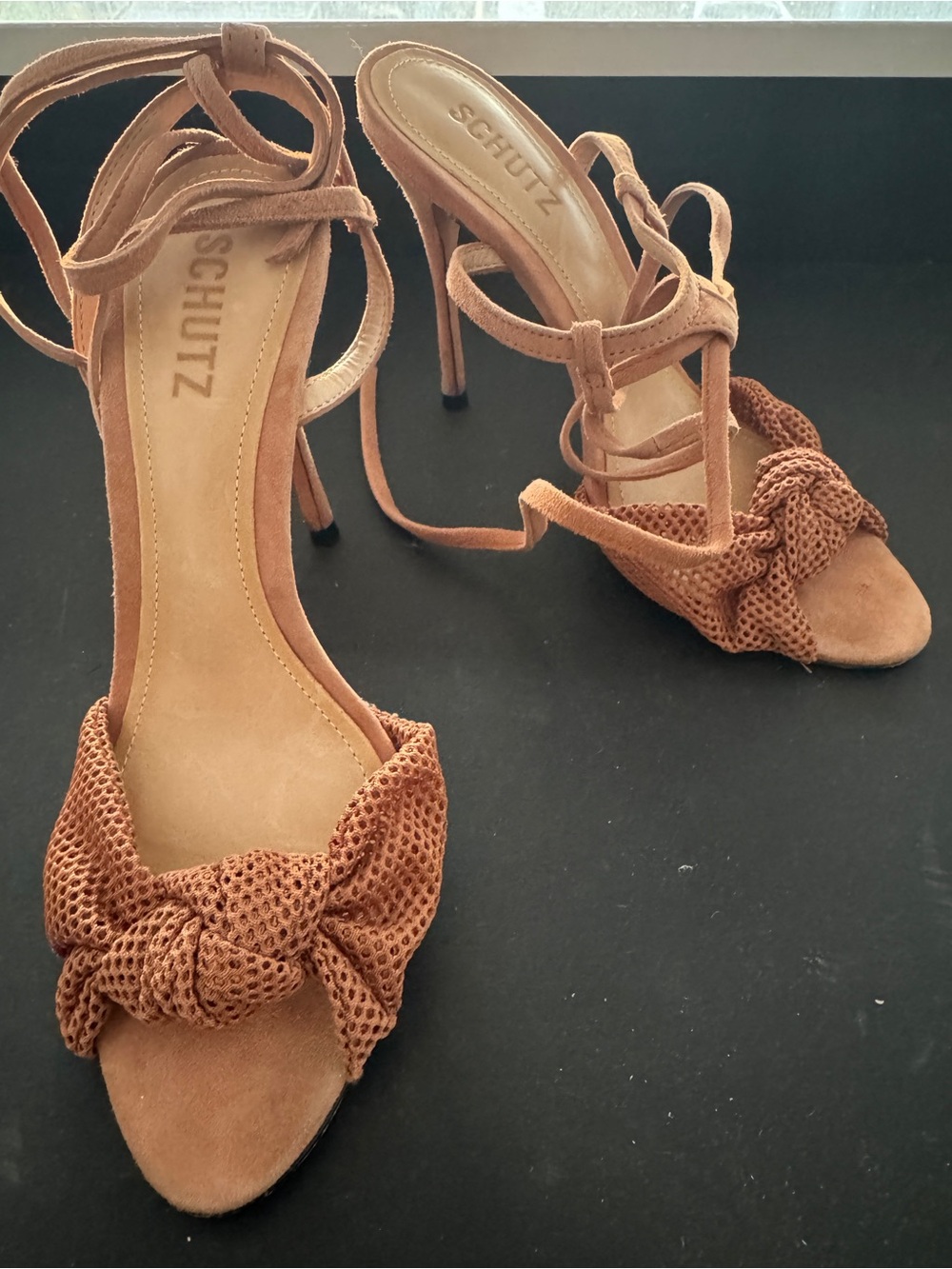 SCHUTZ Tan Suede Knot Front Lace-Up Stiletto Sandals